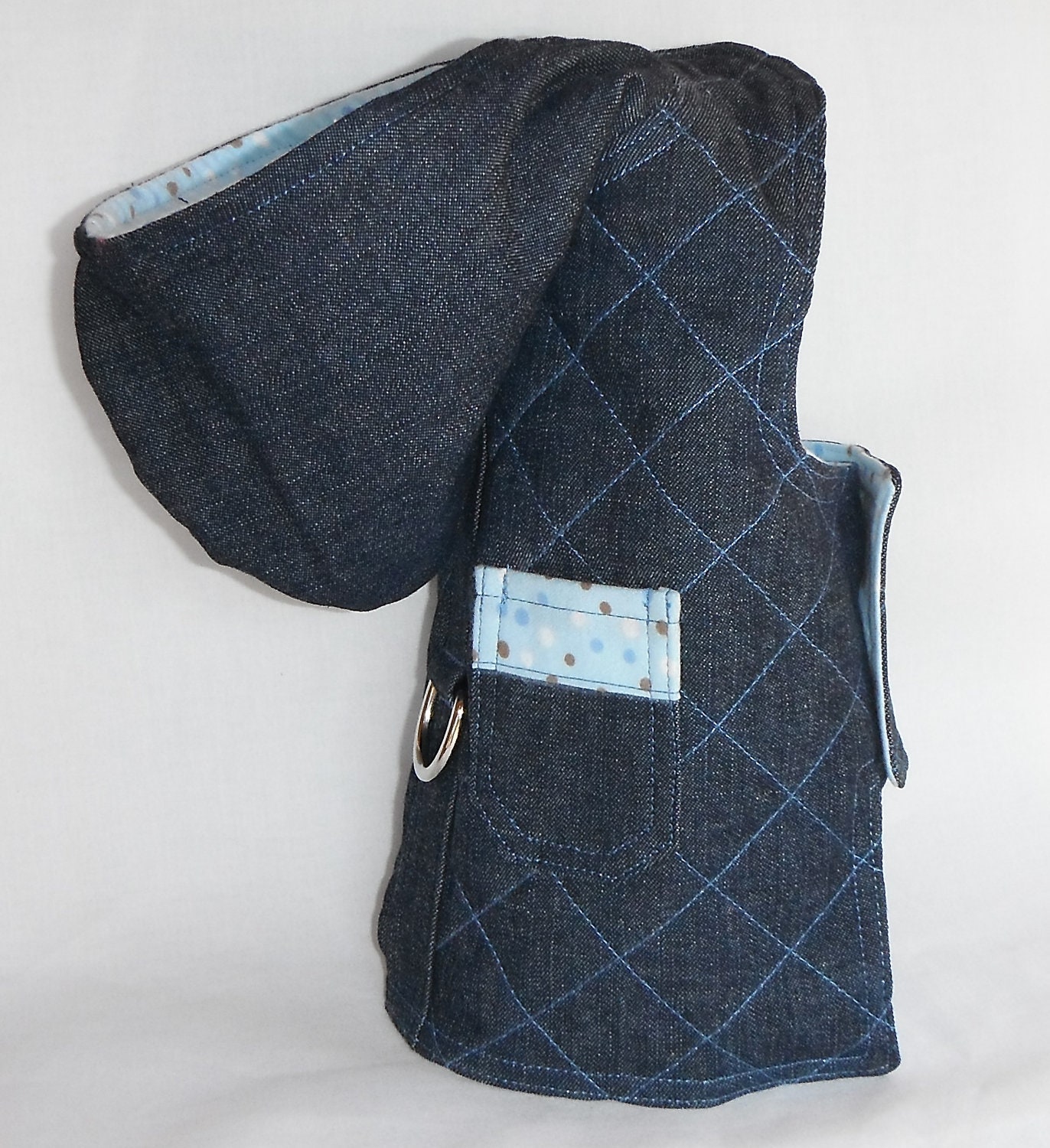 Denim Dog Harness W/Hoodie And Blue Polka by chiwawagearharnesses