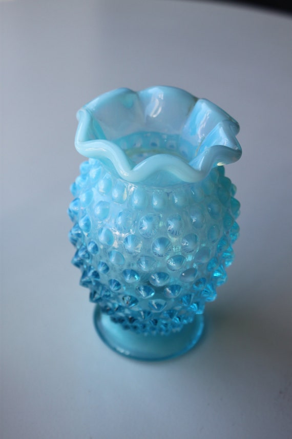 Fenton Blue and White Hobnail Opalescent Small Vase