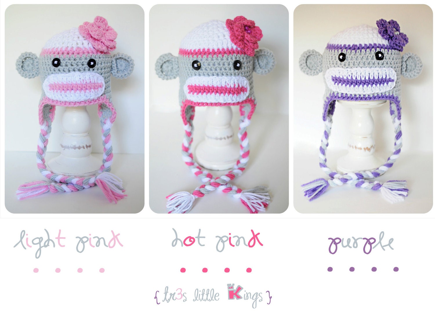 Sock Monkey Hat Girl Dusty LightHot Pink or Purple.