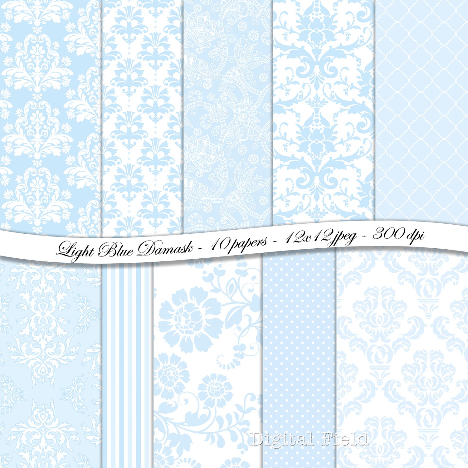 Light Blue Damask digital scrapbooking paper pack 10