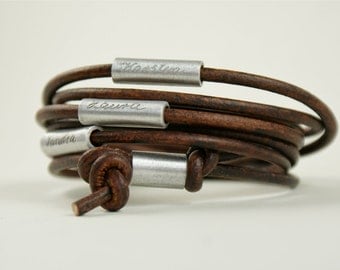Personalized engraved leather bracelet, wrapped bracelet,bracelet with names,wrap bracelet,dark-brown, MY FAMILY, Father's Day gift