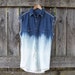 Half bleached studded button up denim shirt grunge dip dye ombre tunic cut off sleeve muscle tank unisex men women denim vest blue chambray