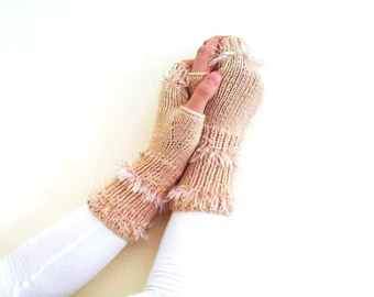 Womens accessories, womens gloves, Hairy long fingerless gloves in beige, valentines day, gift for her, winter fashion, Christmas gift ideas
