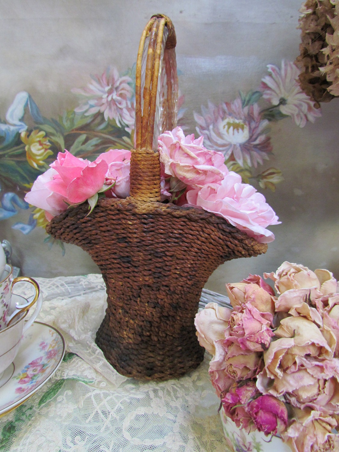 Antique Wicker Flower Basket 1910's RARE With Glass Liner