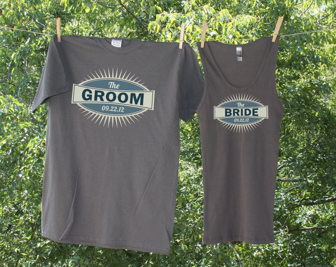 Bride and Groom Blue Emblem with date - two shirts : 12-15M