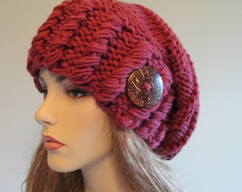 Slouchy Beanie Slouch Hats Oversized Baggy Beret Button Womens Fall Winter accessory Fuchsia Super Chunky Hand Made Knit