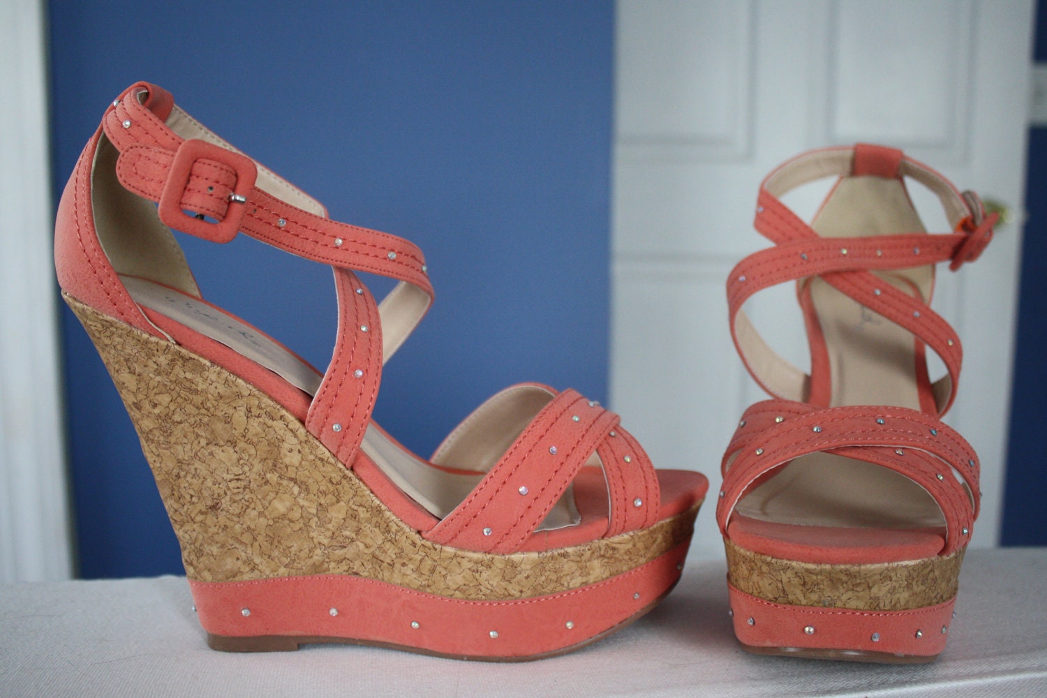 Womens spring coral wedge sandals size 8.5 by KatsGurlGear on Etsy