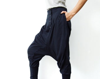 NO.64 Midnight Blue Cotton Jersey Casual Baggy Dance Harem Pants, Stylish Button Fly Drop-Crotch Trousers, Unisex Pants