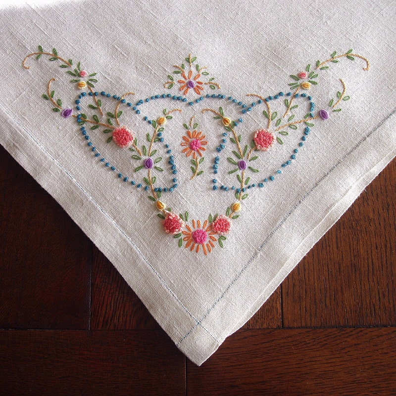 vintage linen tablecloth hand embroidered french knots