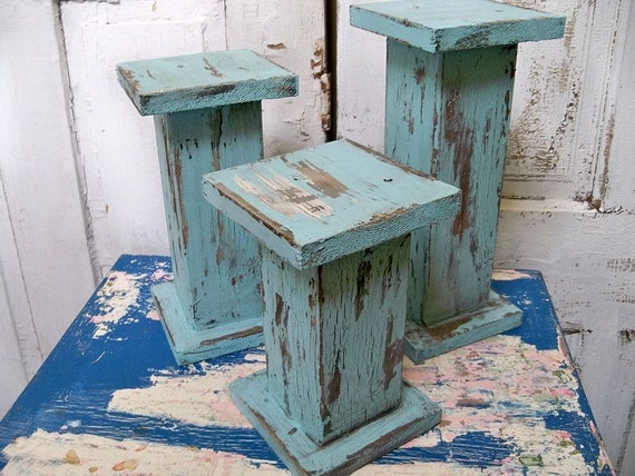 Large distressed pillar candle holders Hand made wooden shabby
