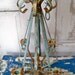 Vintage metal rusty hanging candelier taper holder scroll work blue distressed Anita Spero