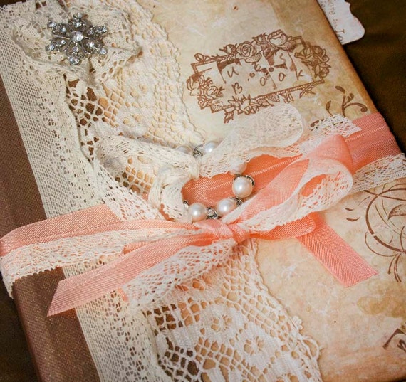 Wedding guest book - Peach and cream in vintage shabby chic style - Custom made - 24 page