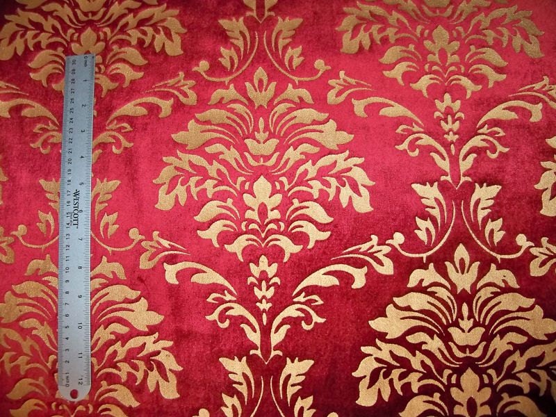 Red Gold VELVET DAMASK FABRIC 1 Yard Remnant