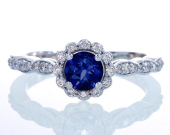 Sterling Silver Aquamarine Diamond Halo Engagement Ring by SAMnSUE