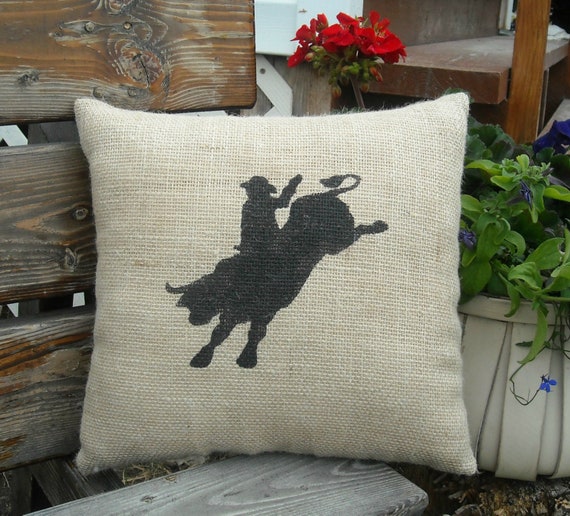 Rodeo Cowboy and Bucking Bull Burlap Pillow Country Western
