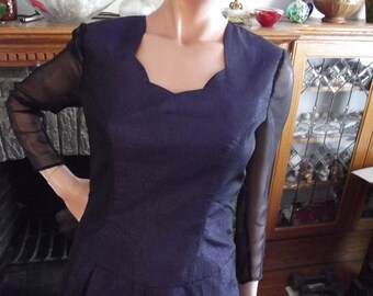 Vintage Long Gown, Vintage Formal Dress, Black Purple Lame, Sparkle Fabric, Dropped Waist, Sheer Long Sleeves, Retro Glam, Prom