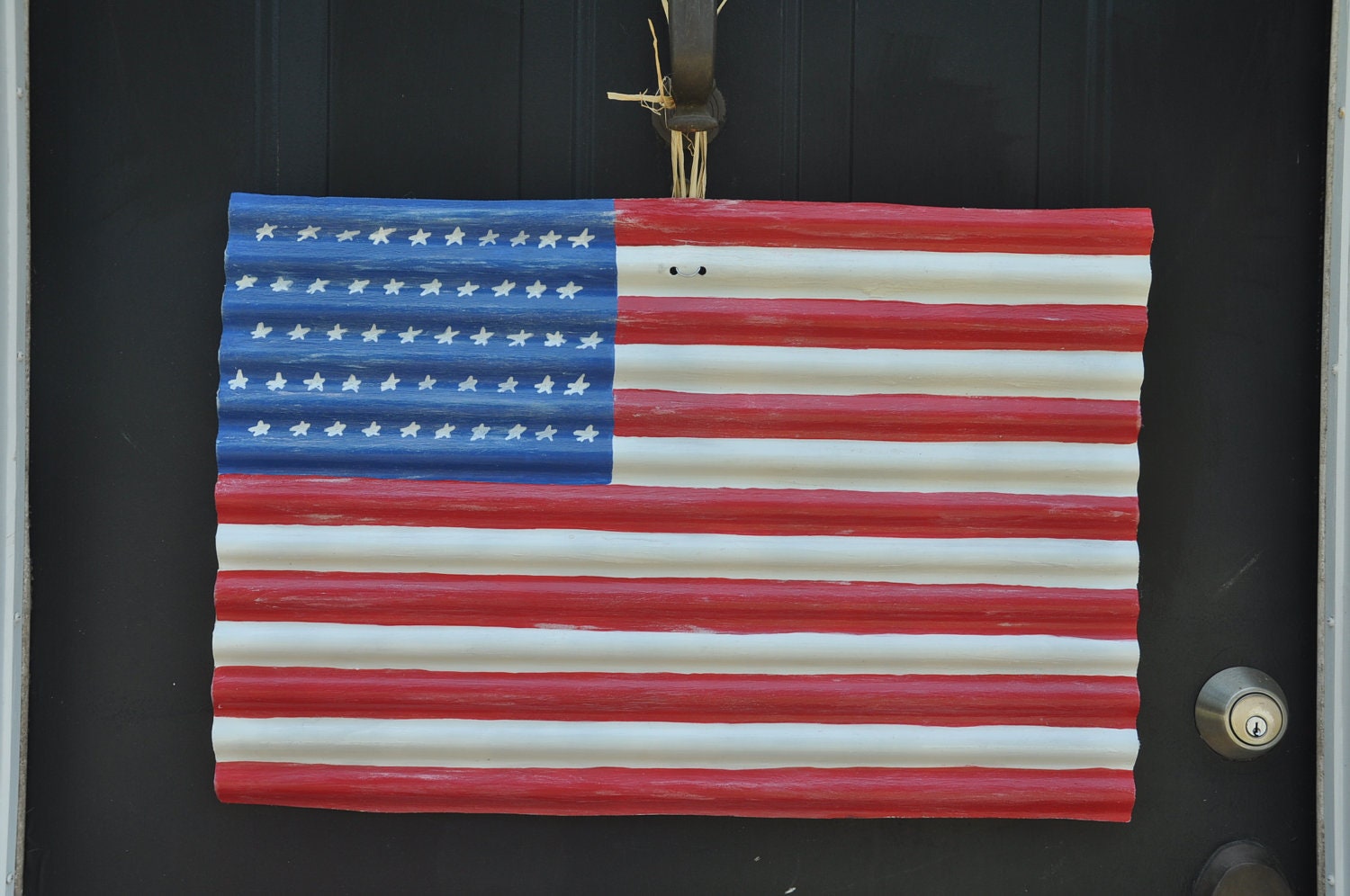 Large American Flag hand painted on corrugated metal to hang