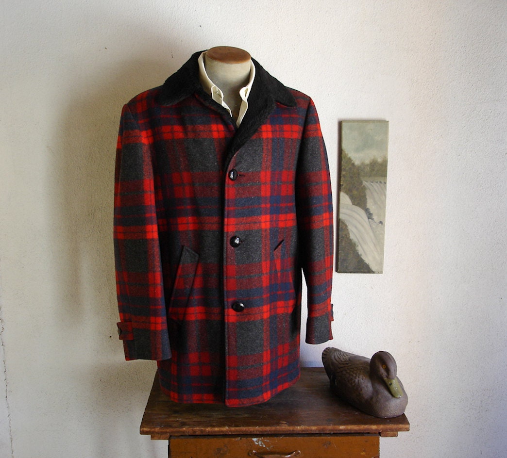 50s-60s PENDLETON Coat Mens Vintage Wool Red Plaid Mackinaw