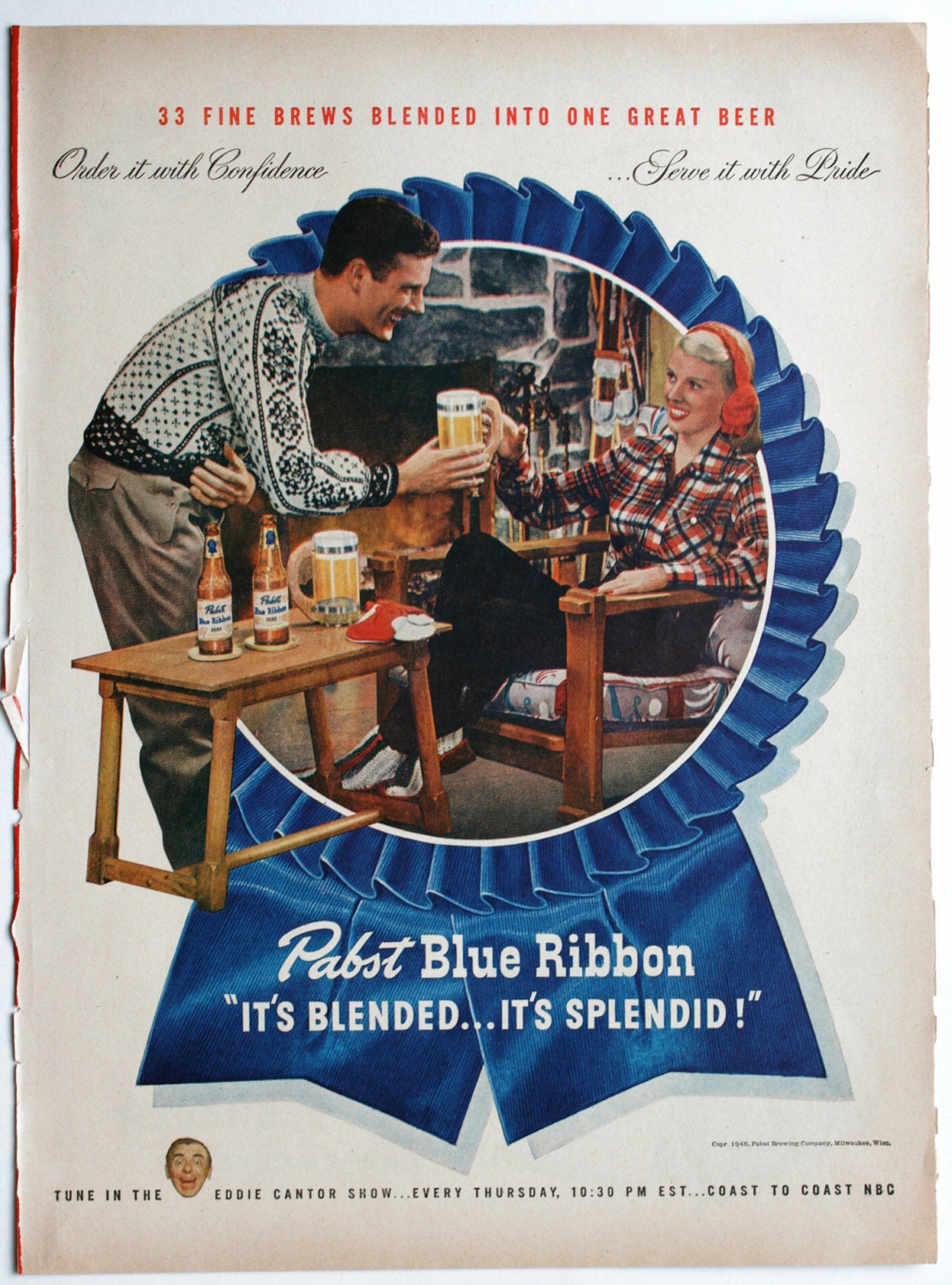 Vintage Ad Pabst Blue Ribbon Beer 1946 Eddie Cantor by 833vintage
