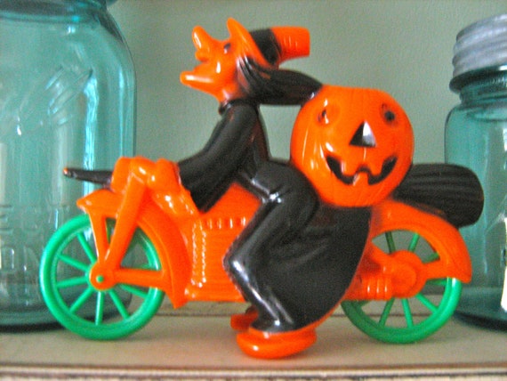 Vintage Halloween Witch on Motorcycle Orange and Black Pumpkin Jack O Lantern Candy Container Rosbro 1950s