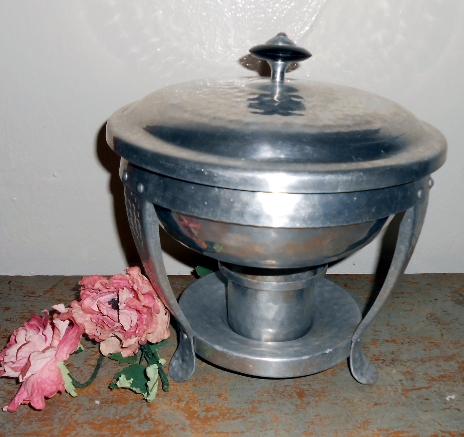 Vintage Chafing Dish, Bowl, Lid & Stand, Covered Dish, Metal, Hammered