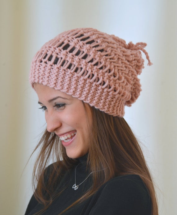 Items similar to Hand knit hat slouchy hand knit pale pink women hat