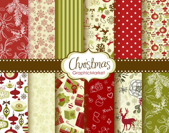 12 Christmas Digital Scrapbook Paper pack for invites card