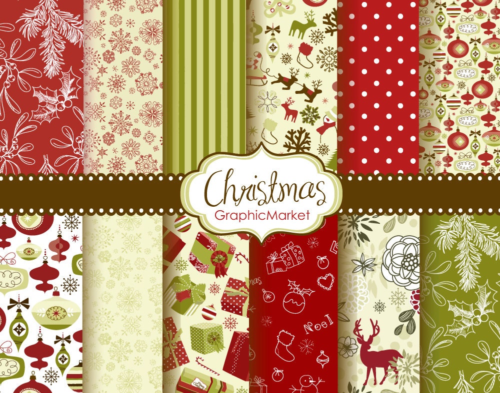 12 Christmas Digital Scrapbook Paper Pack For Invites Card