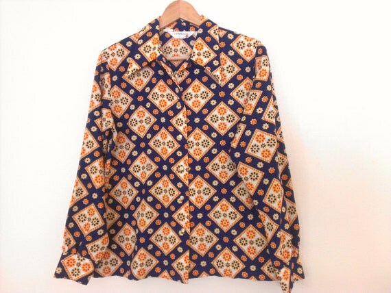 Items similar to 70s vintage funky pattern women shirt medium on Etsy