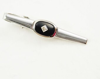Vintage Faux Diamond Black Tie Clip Silvertone Birthday Wedding Signed Anson