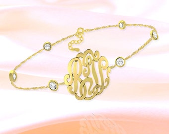 Monogram Bracelet - 1 inch Monogram Bracelet - Sterling Silver 24K Gold Plated Handcrafted - CZ Monogram Bracelet - Made in USA
