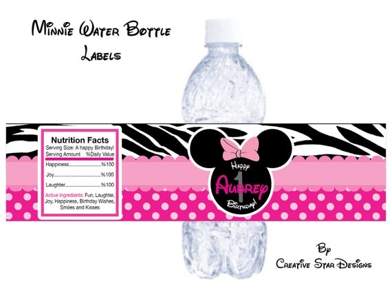 Minnie Mouse Birthday Water Bottle Labels Digital Print File Pink Polka Zebra