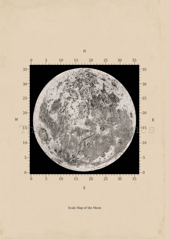 Scale Map of the moon Astronomy Print by TheCuratorsPrints on Etsy