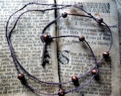 Rustic vintage key necklace, handbraided brown cord and wood beads