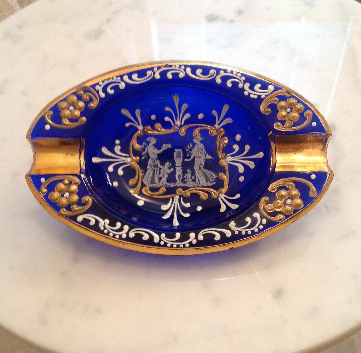 cobalt blue art glass ashtray mid century Hollywood