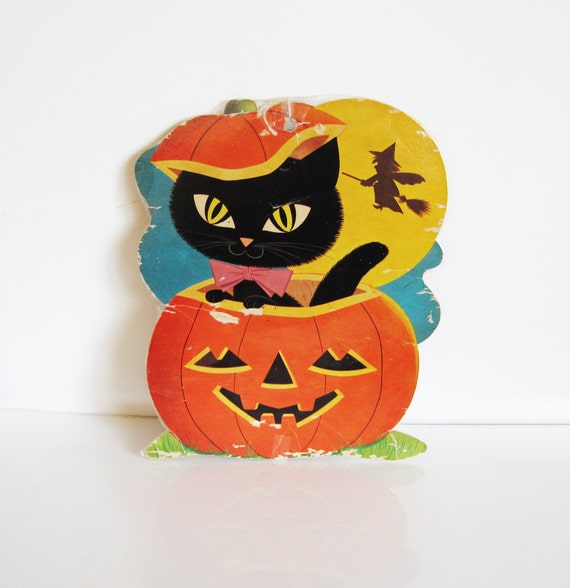 1960's halloween decoration cat in pumpkin by ReverseChronology