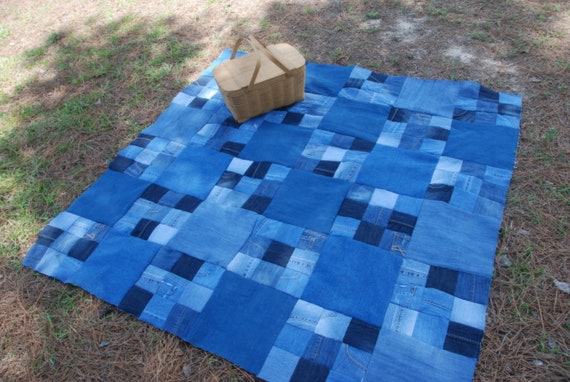 Denim quilted picnic blanket upcycled blue jeans