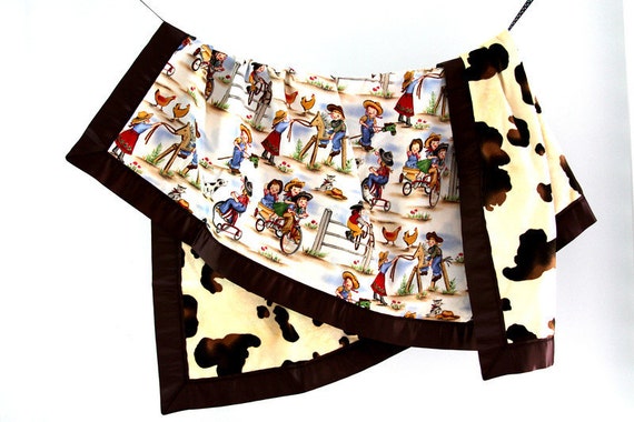 Large Baby/Toddler Blanket, Lil' Cowgirl with Pony Minky and Brown Satin Trim, Ready to Ship