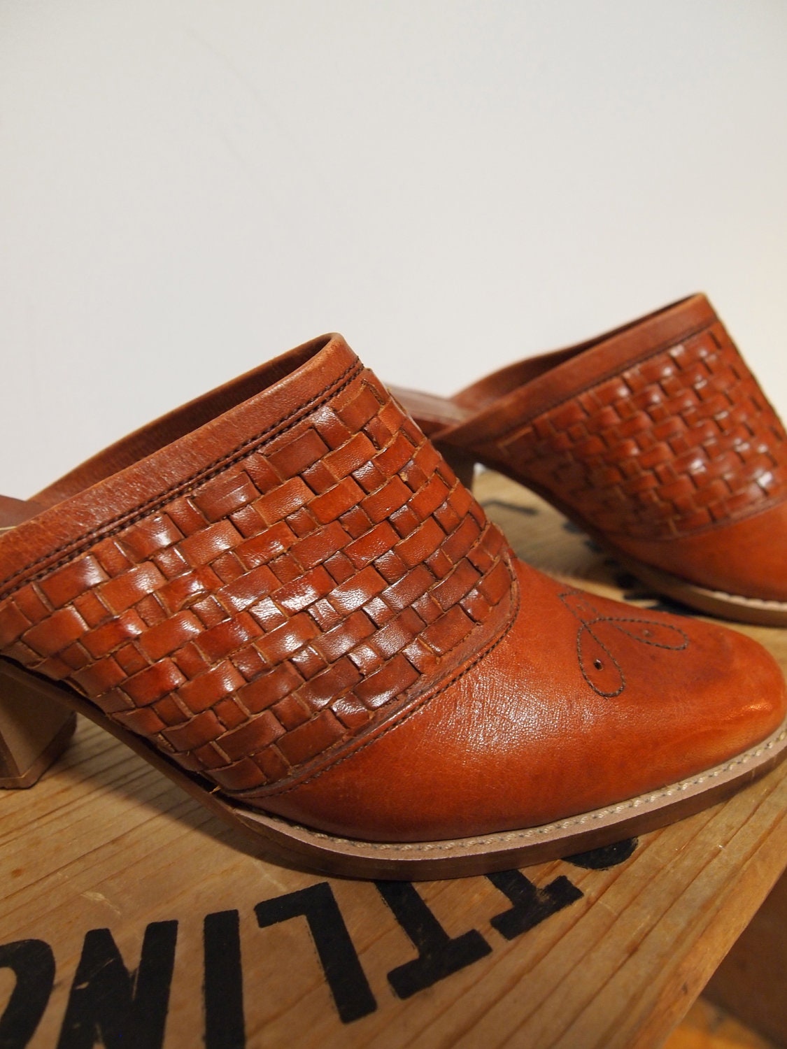 Women's Vintage Shoes. Woven Leather Clogs
