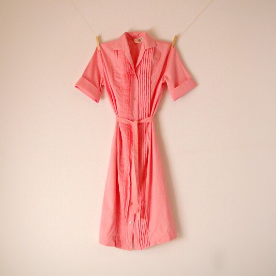 Vintage. 60's. Pink Pintuck Belted Shirt Dress. by GypsyPlunder