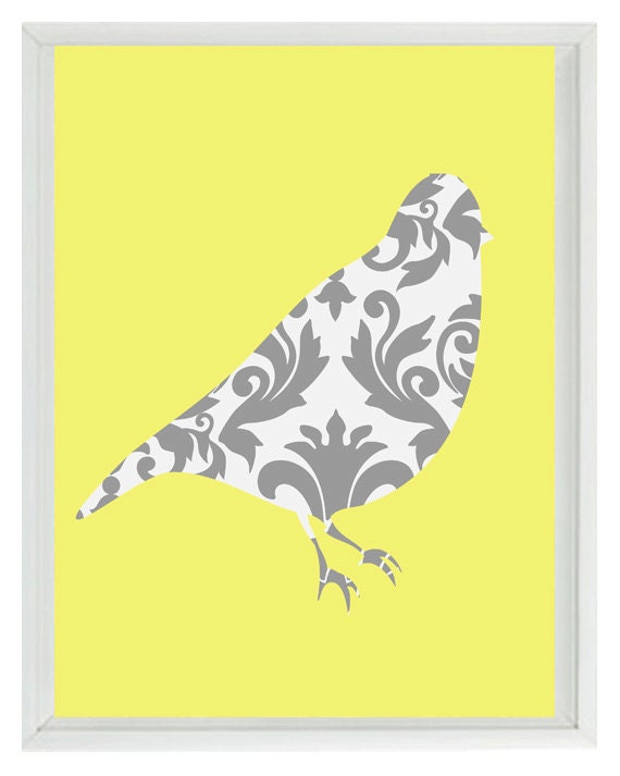 Bird Wall Art Print Yellow Gray Decor Damask Modern