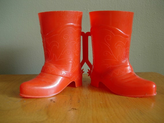 Vintage Set of 2 Red Plastic Cowboy Boot Mugs by DCCuriosityShop