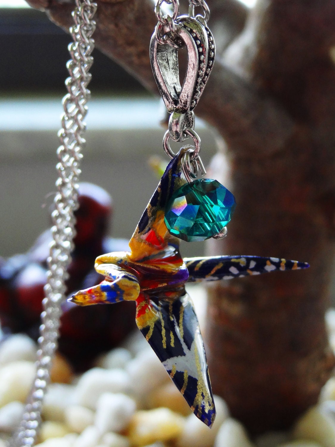 Multicolored Resin Origami Jewelry Crane Necklace by KamiOrigami