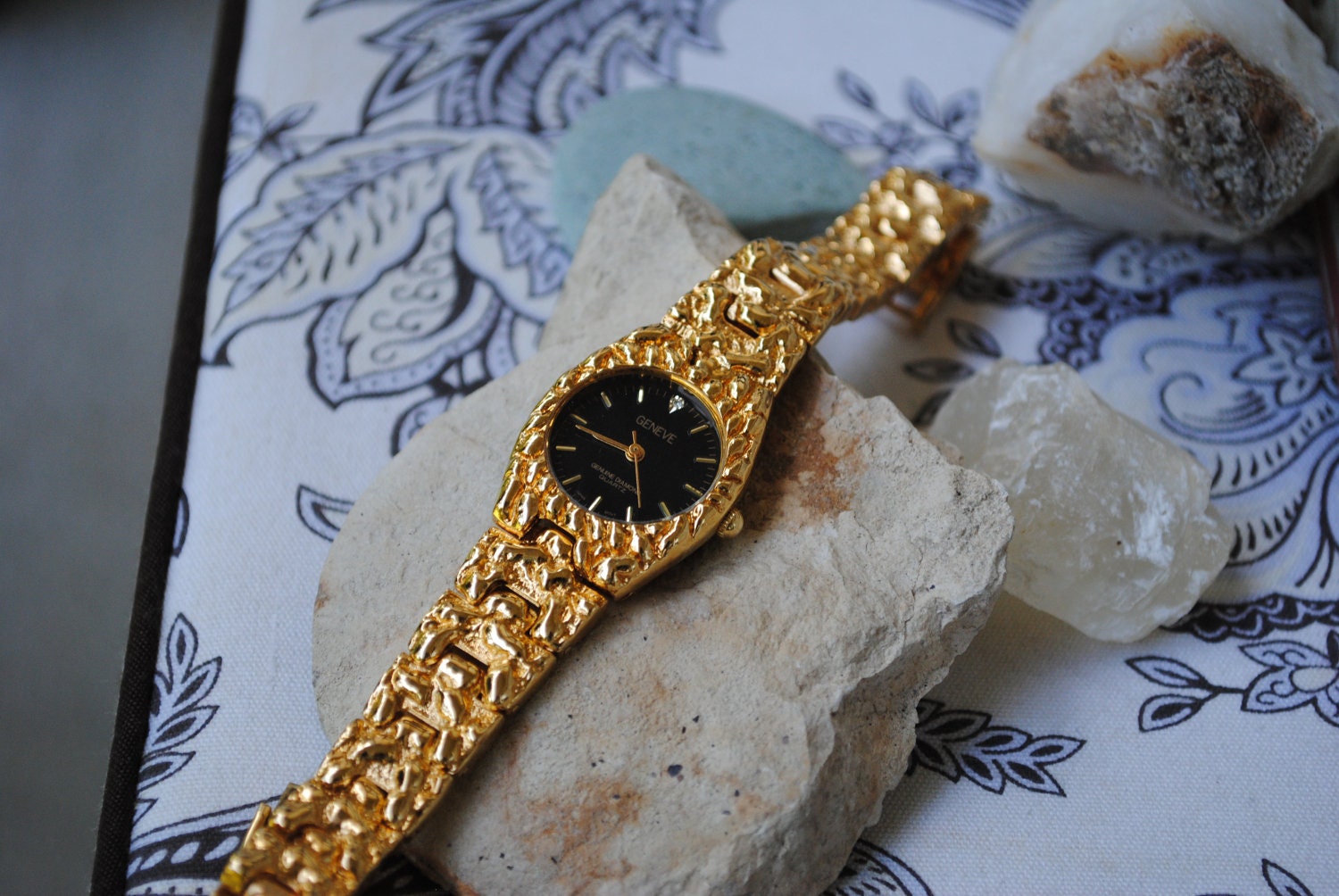 Vintage Gold Geneva Genuine Diamond Quartz Bracelet Watch 