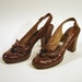 I. Miller Vintage Rich Coffee Brown Python Snakeskin Sling Back Heels with Bows & Chunky Heel