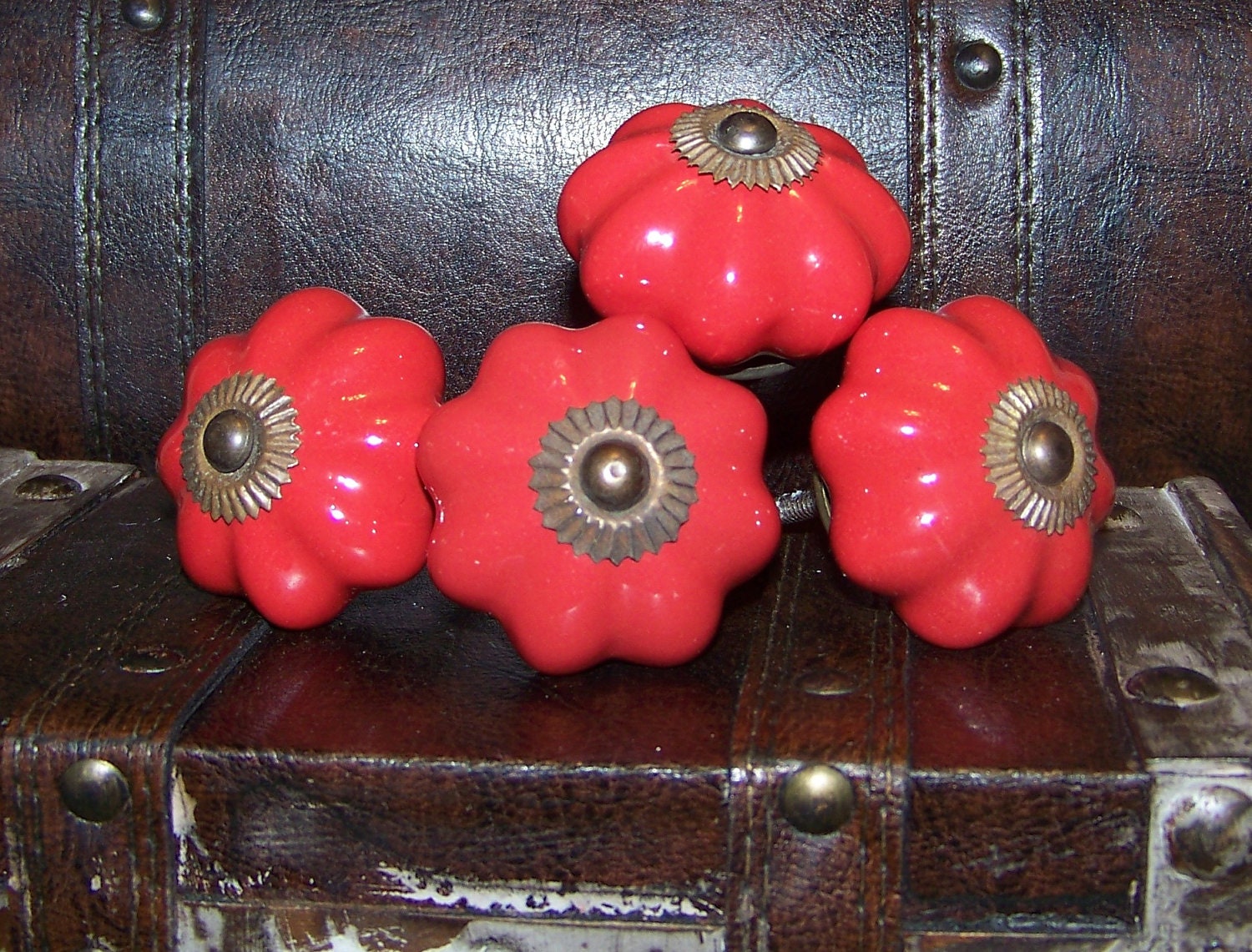 Large Cherry Red Ceramic KnobsDrawer PullSet of 2