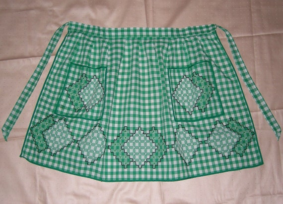 Vintage 1970s Half Apron Hand Embroidered Green Gingham