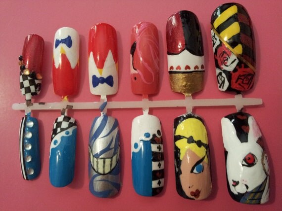 Custom Hand Made Alice in Wonderland 12 Acrylic Nails Set