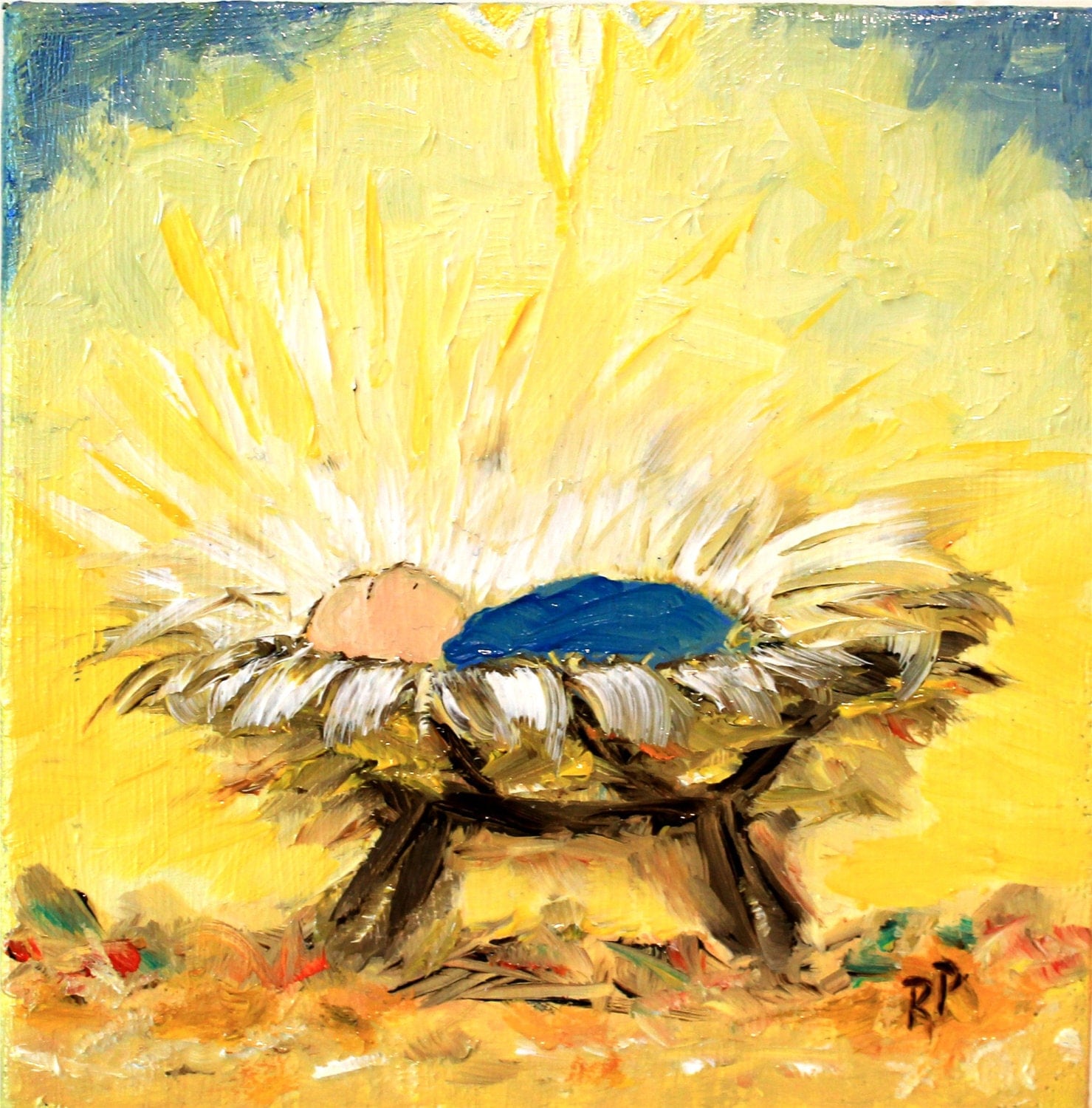 Baby In Manger Nativity Of Jesus 5 X 5 On Bright Yellow