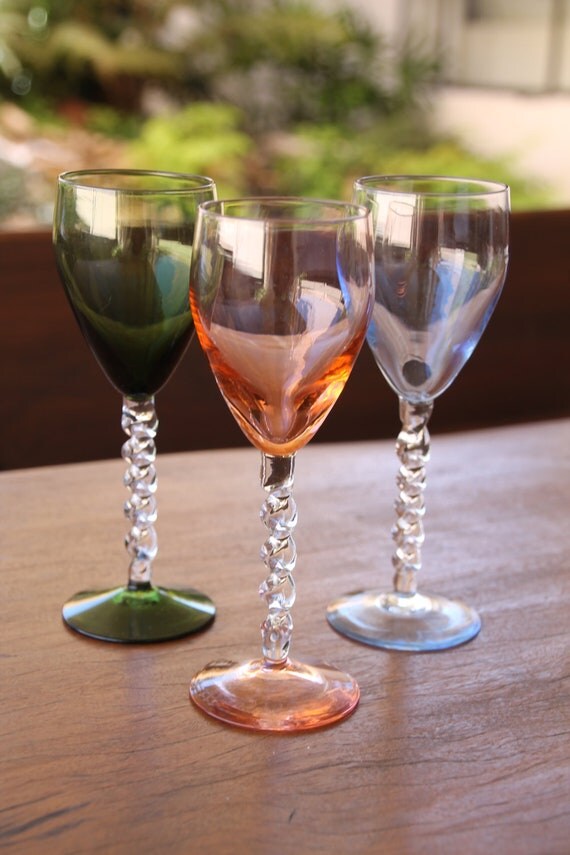 Vintage Colored Wine Glasses With A Spiral Stem 1366